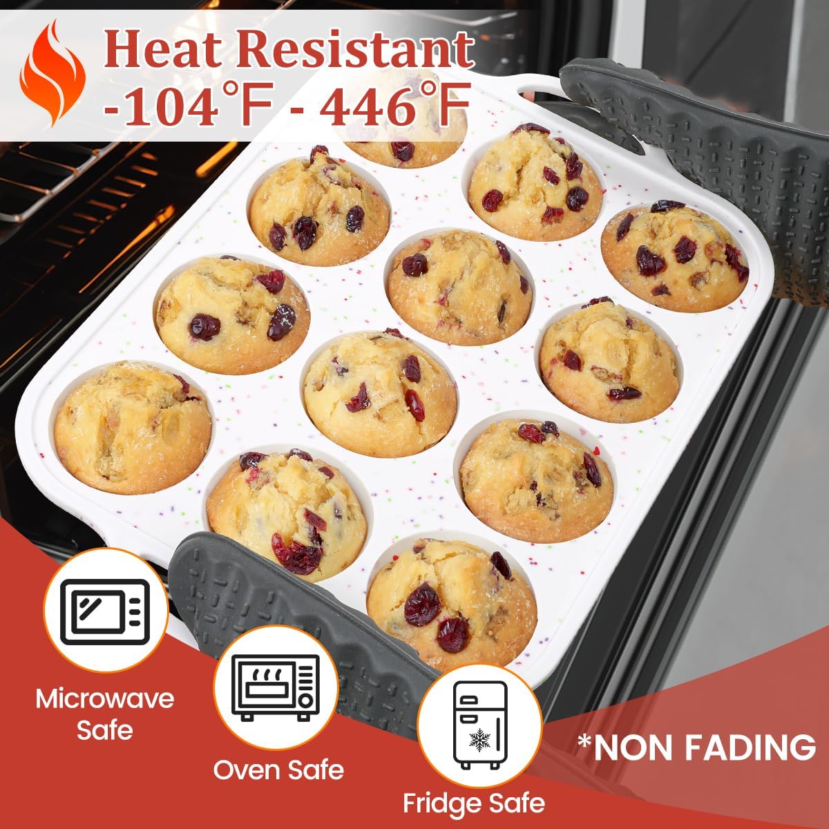 CAKETIME Silicone Muffin Pan with Metal Frame, Metal Reinforced Frame Regular Size Cupcake Pan with Handle 12 Cups Nonstick Muffin Pan for Baking BPA Free 2 Pack