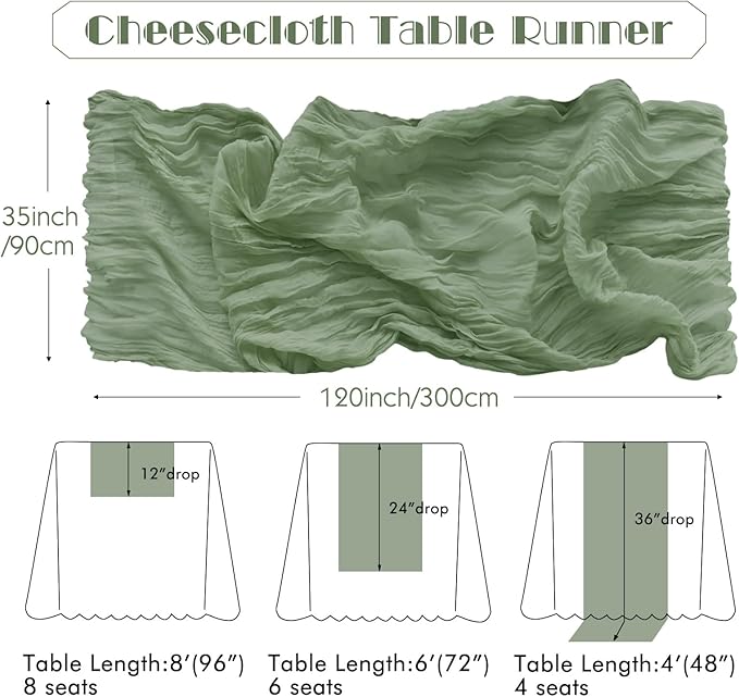 IVAPUPU 4 Pcs Cheesecloth Table Runner - 10ft Sage Green Boho Gauze Cheese Cloth Table Runners for Baby Shower Decoration Wedding Party Summer Garden Farmhouse