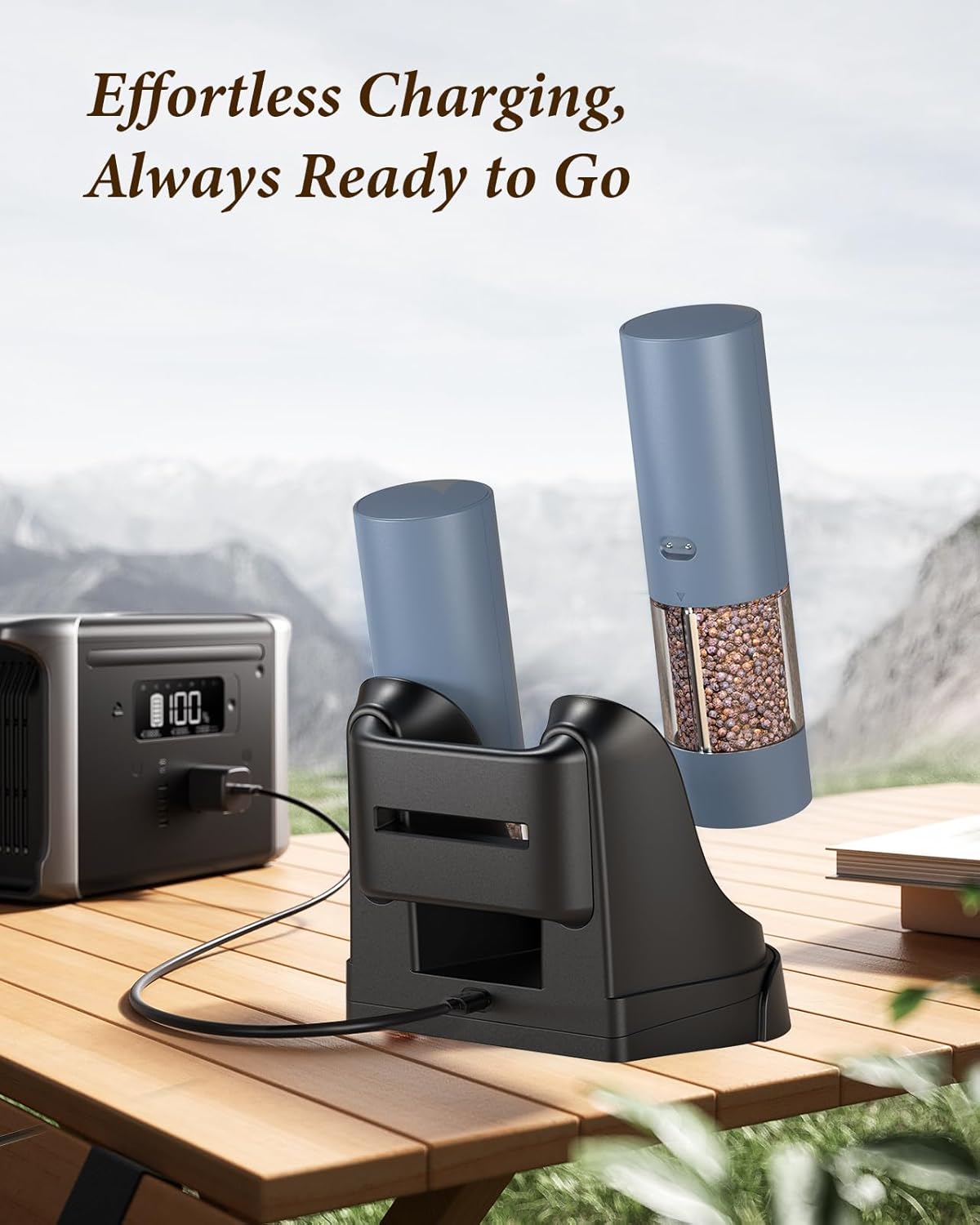 Electric Salt and Pepper Grinder Set - Automatic Refillable Salt and Pepper Grinders with Charging Base & LED Light, 6-Level Adjustable Coarseness with External Dial, Ideal Kitchen Gadget,Blue