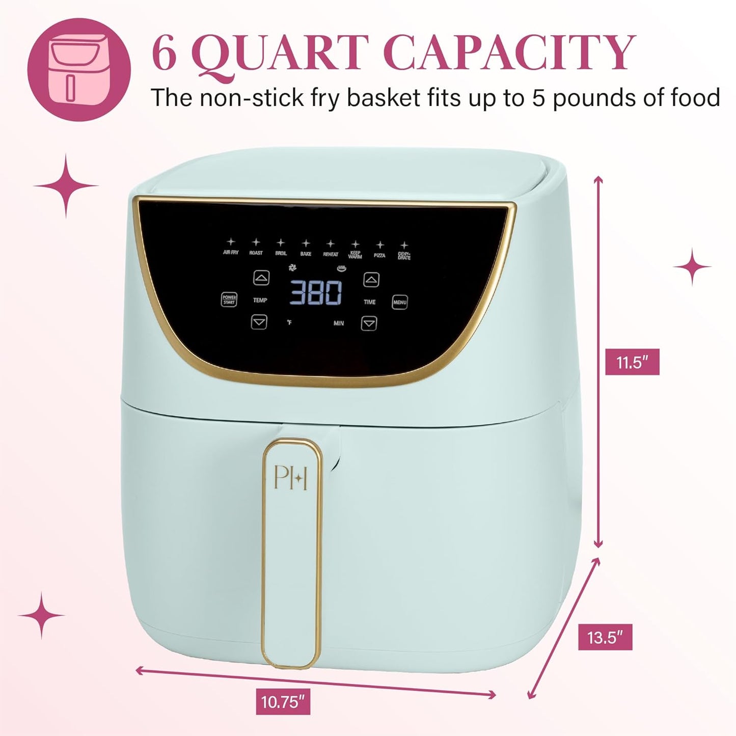 Paris Hilton Air Fryer, Large 6-Quart Capacity, Nonstick Made without PFAS, Touchscreen Display, 8-in-1 (Air Fry, Roast, Broil, Bake, Reheat, Keep Warm, Pizza, Dehydrate), Dishwasher Safe, Aqua