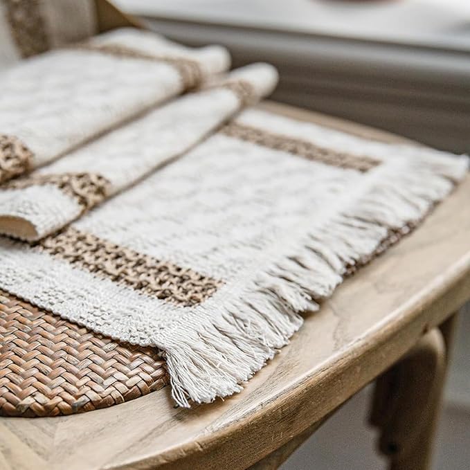 Niviy Boho Placemats Set of 12, 12x18 Inch Natural Cotton Burlap and Kitchen Woven Placemats with Tassels for Dining Table Centerpiece Thanksgiving Home Decorations