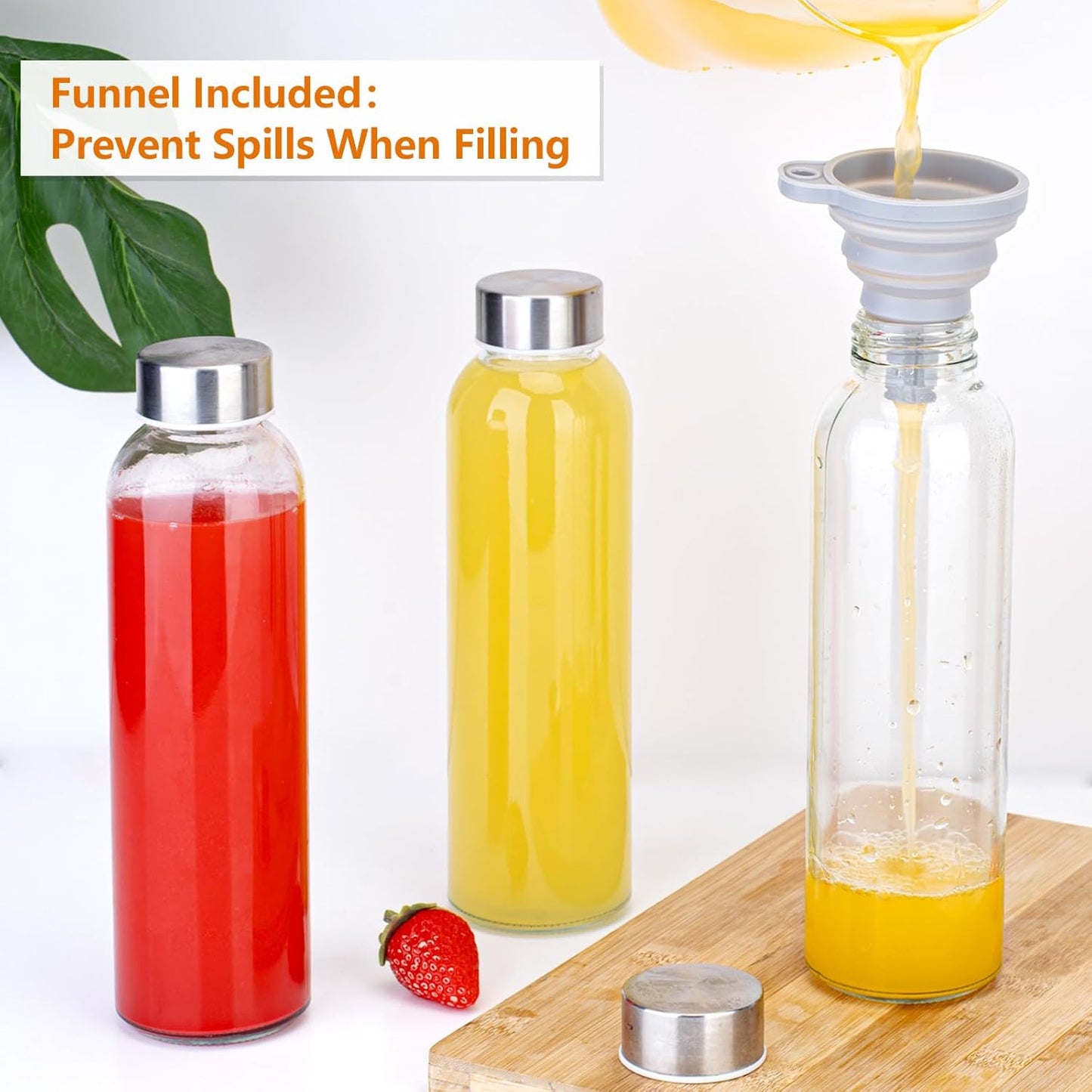 Zukro Glass Water Bottles with Lids 24 oz, 3 Pack Reusable Juice Bottles With Stainless Steel Airtight Cap for Juicing, Leak Proof Clear Drinking Jar Beverage storage container for Fridge, BPA Free