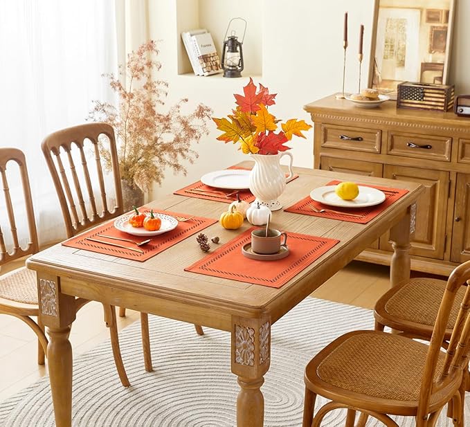 Fall Placemats Set of 4, 12 x 18 Inch Rustic Geometric Hollow Place Mats, Orange Heat Resistant Placemats for Autumn Thanksgiving Farmhouse Table Decor, Orange 4PCS