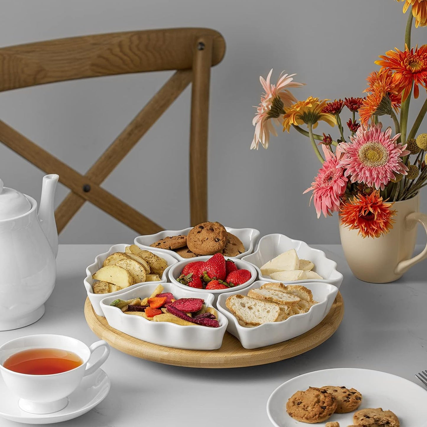 DOWAN 360° Rotatable Serving Tray and Platters, 12 Inch Divided Serving Bowls for Party, Kitchen Decor, Removable Serving Dishes for Chips and Dip, Fruit, Veggies, Candy and Snacks, 7 Pieces, White