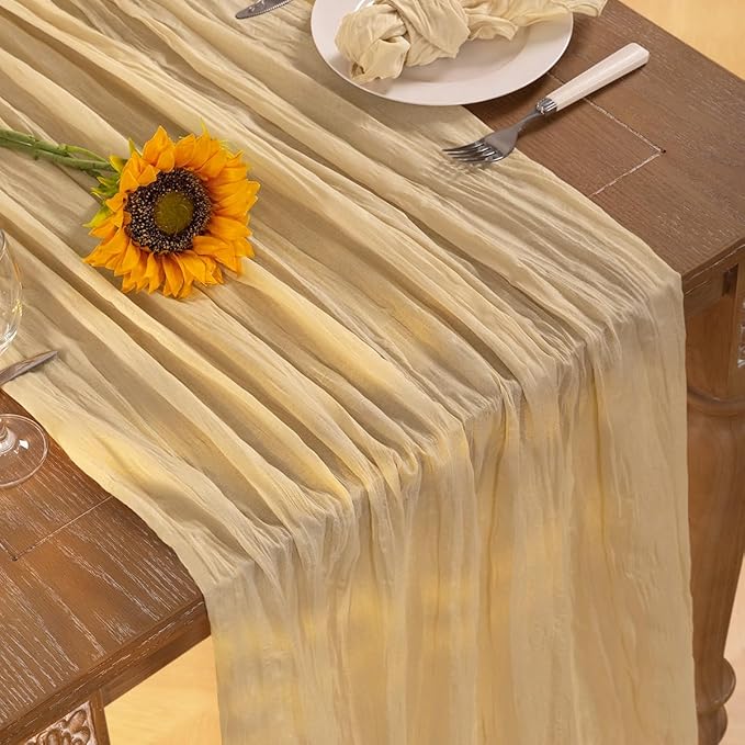 Champagne Gold Cheesecloth Table Runner Christmas Table Runner Boho Gauze 120 Inches Champagne Cheese Cloth Table Decor for Xmas Holiday Season Parties Wedding Bridal Baby Shower