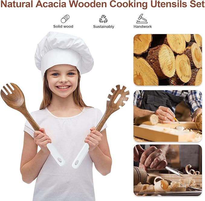 Wooden Spoons For Cooking, 6 PCS Natural Acacia Wooden Cooking Utensils, Smooth Grip Wood Cooking Spoons with Hanging Hole, Non-Stick Wooden Utensil Set for Kitchen Essentials, White