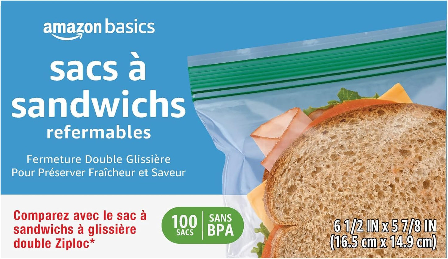 Amazon Basics Reclosable Sandwich Double Zipper Storage Bags, 100 Count, Pack of 1