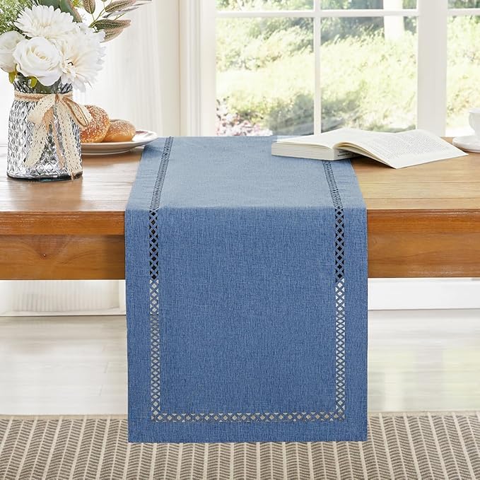 Burlap Style Farmhouse Table Runner, 13 x 90 Inch Blue, Rustic Geometric Hollow Table Runners 90 Inches Long for Dresser Table Everyday Use, 13x90 Inches, Blue