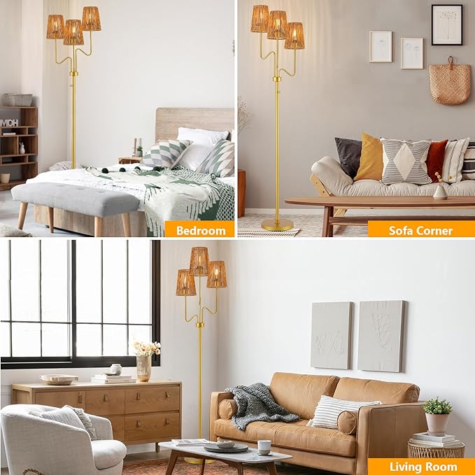 9MMML Gold Farmhouse Boho Dimmable Floor Lamp with Rattan Shade, 68'' Tall Floor Standing Lamp, 3-Light Floor Lamp for Living Room, Bedroom, Office, Corner