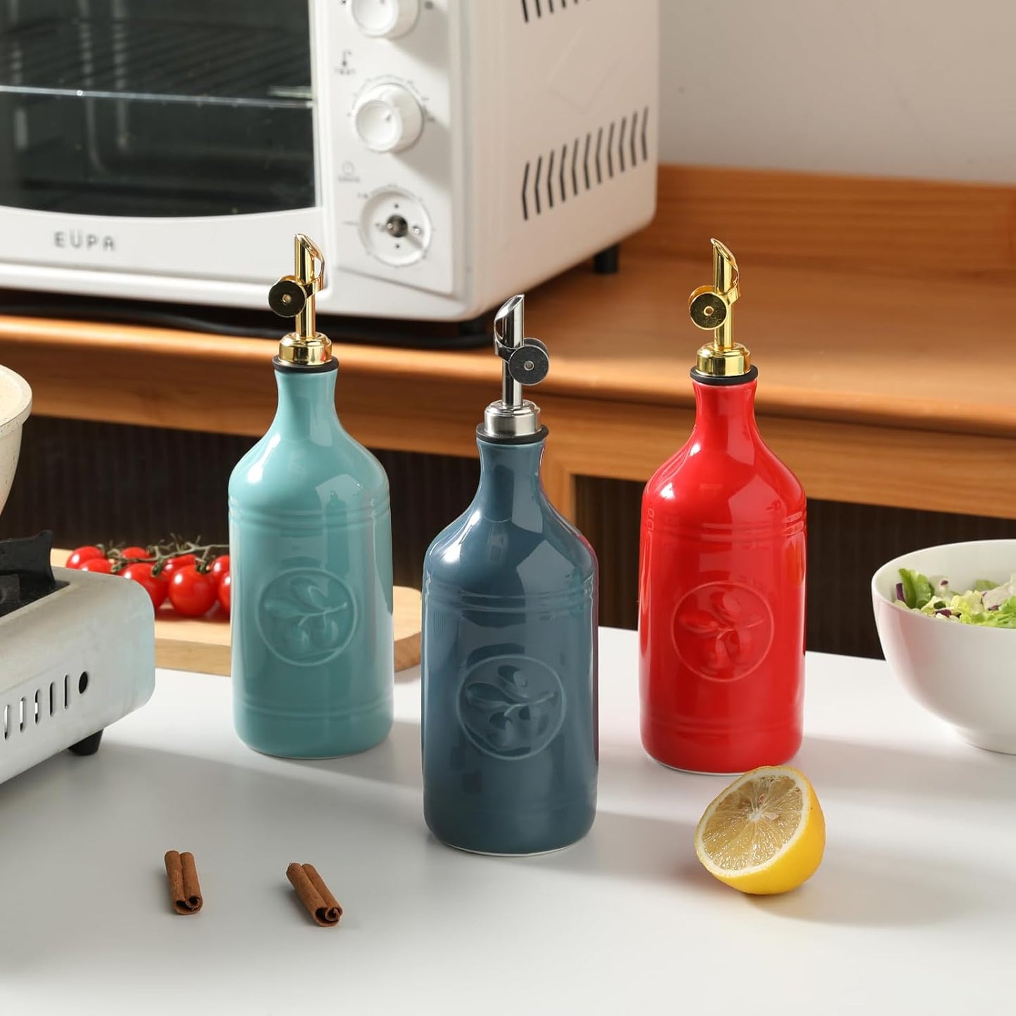 Sweejar 16 Oz Ceramic Olive Oil Dispenser Bottle, Oil Dispenser for Kitchen with Gravity Spout, Relief Opaque Vinegar Container for Evoo, Soy Sauce, 1 Pack(Fog Blue, Silver Spout)