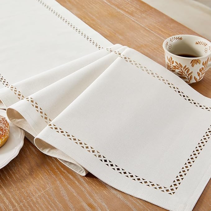 Burlap Style Farmhouse Table Runner, 13 x 108 Inch Off White, Rustic Geometric Hollow Table Runners 108 Inches Long for Dresser Table Everyday Use, 13x108 Inches, Off White