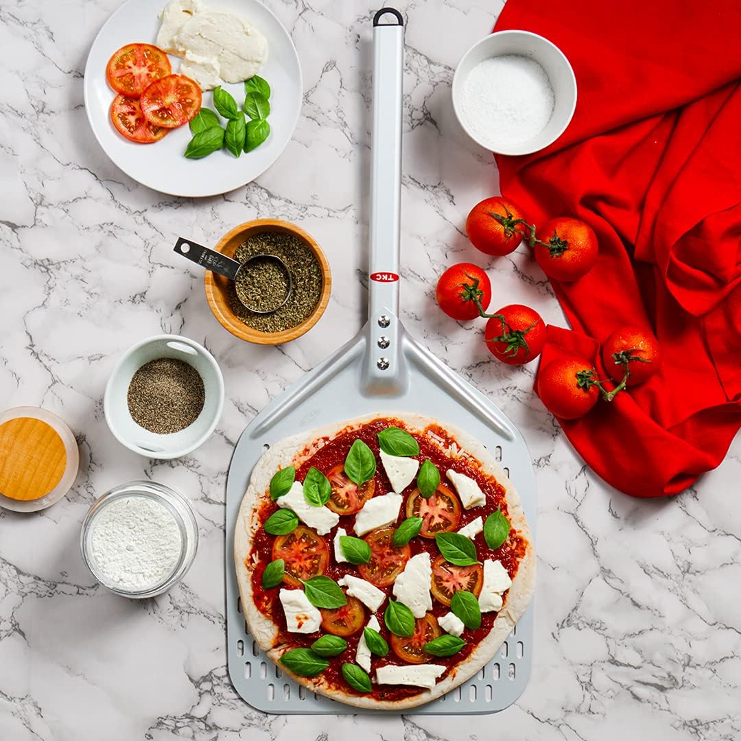 TKC Perforated Pizza Peel 12 Inch - Long Handle Perforated Aluminum Pizza Paddle - Lightweight Pizza Turning Peel Spatula - Compatible with all Ooni Pizza Ovens - 26 Inch Overall Length (Silver/Gray)