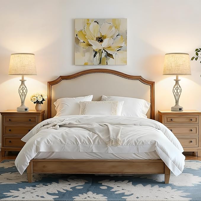 Table Lamp for Bedroom Set of 2 - Light Grey Bedside Lamps with USB C+A Ports,Rustic Distressed Farmhouse Bedroom Lamp - Lamp for Living Room Reading Bed Side End Table Bulbs Included