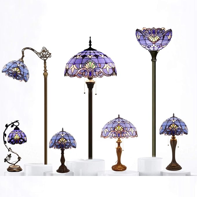 WERFACTORY Tiffany Style Table Lamp Lavender Blue Purple Baroque Stained Glass 12X12X22 Inches Mother-Daughter Vase Desk Light Decor Bedroom Living Room Home Office S003C Series