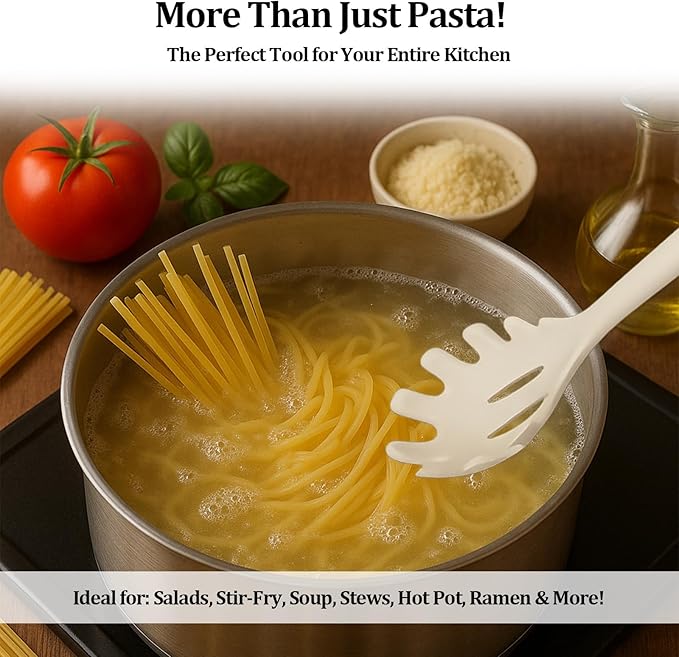 Silicone Pasta Spoon with Teeth Silicone Pasta Fork Wooden Handle Pasta Server & Spaghetti Scoop for Home Chefs, Pasta Enthusiasts