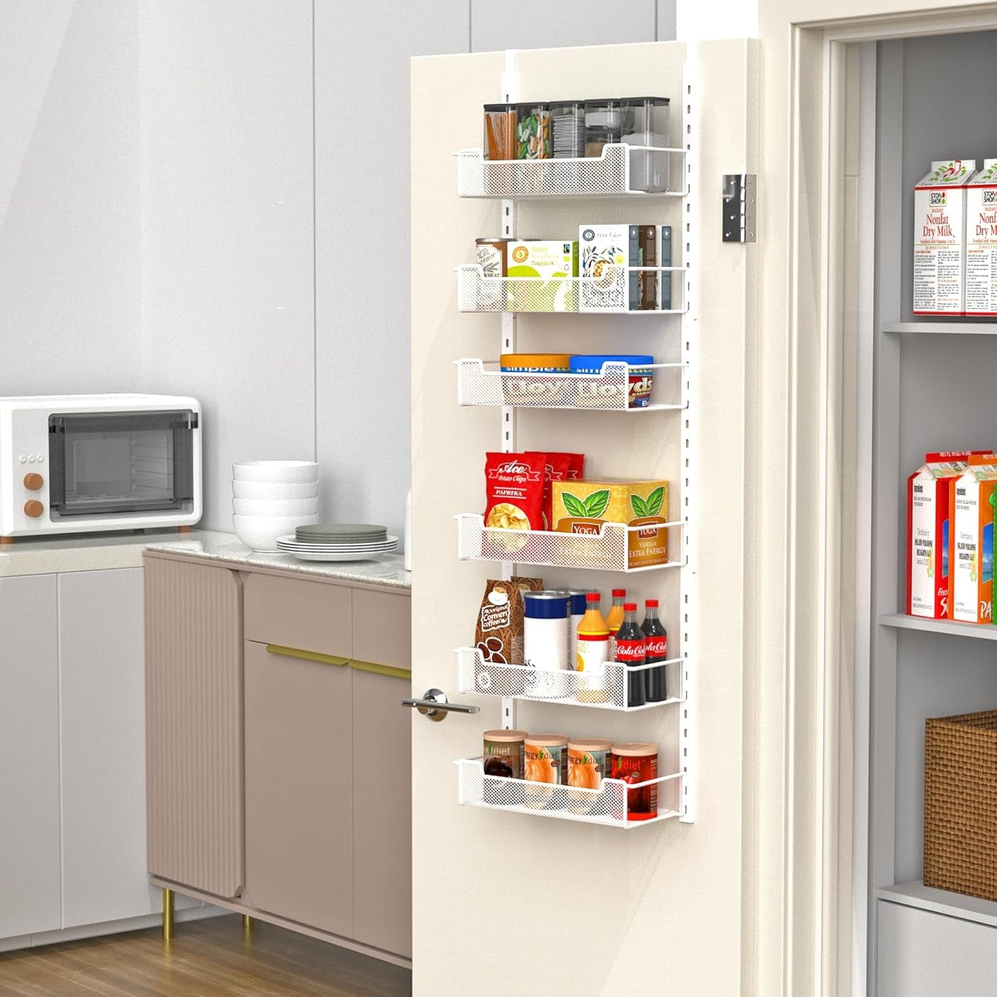 12.3" W Narrow Over the Door Pantry Organizer, 6-Tier Over the Door Organizer with Adjustable Basket, Pantry Door Organization for Pantry Kitchen Storage Room Spice Rack, White