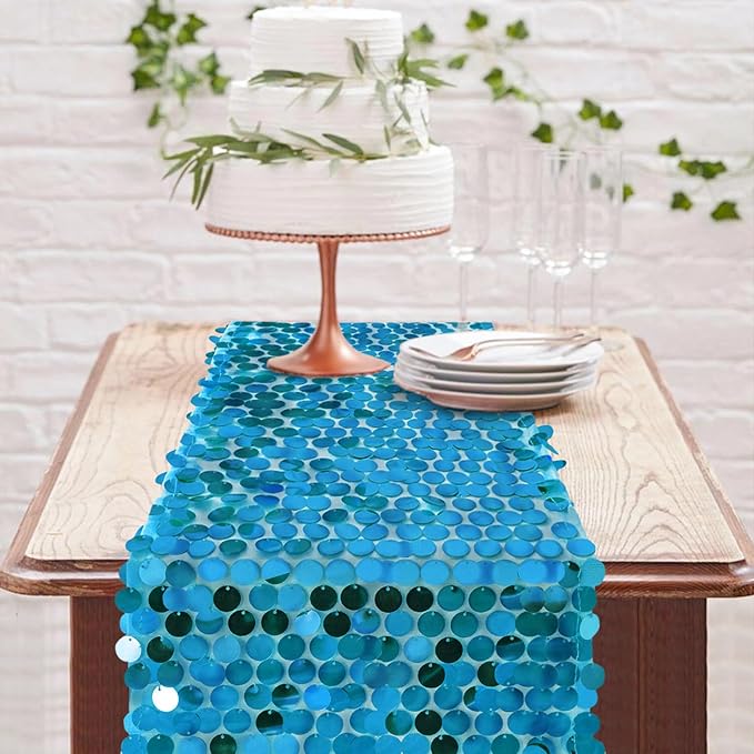 12 x 108 Inch Turquoise Sequin Table Runner Glitter Rectangle Big Sequin Table Runner for Wedding Party Birthday Christmas Halloween Decoration (1 Pack)