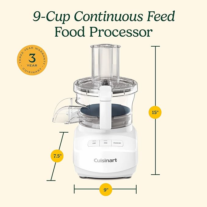 Cuisinart 9-Cup Continuous Feed Food Processor – Fine & Medium Reversible Shredding/Slicing Disc, Universal Blade, In-Bowl Storage, Continuous-Feed Attachment, BPA-Free, Easy Clean, White (Renewed)