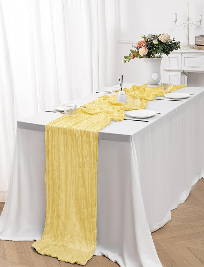 12 Pack Light Yellow Table Runner 10FT Cheesecloth Table Runner 21 x 120 inch Boho Gauze Cheese Cloth Table Runner Rustic Sheer Table Runner for Party Wedding Bridal Baby Shower Birthday Table Decor