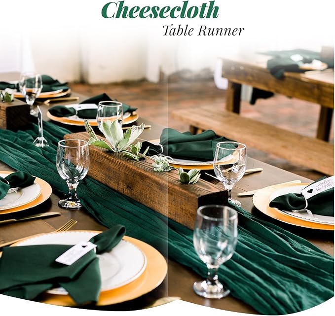 Aktor 12 Pack Christmas Table Runner 10Ft Emerald Green Cheesecloth Table Runner Gauze Boho Semi Sheer Cheese Cloth Fabric Runners for Wedding Birthday Baby Shower Party Decoration(Emerald Green)