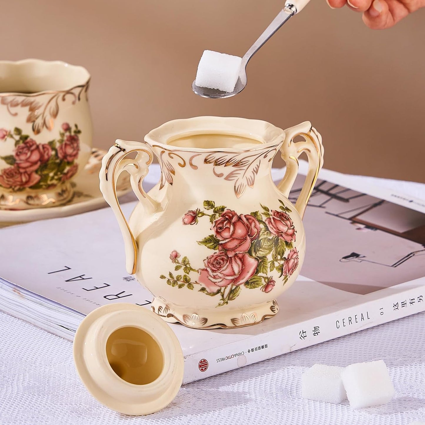 YOLIFE Ceramic Sugar and Creamer Set, Vintage Porlcelain Pitcher Creamer Sugar Bowl with Lid, Pink Rose Floarl Golden Leaves Edge