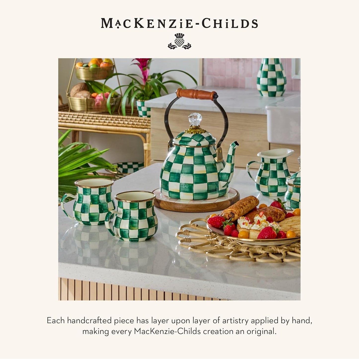 MACKENZIE-CHILDS Enamel Serving Bowl, Enamel Serveware Bowl, 12 Inches, Green-and-White Emerald Check