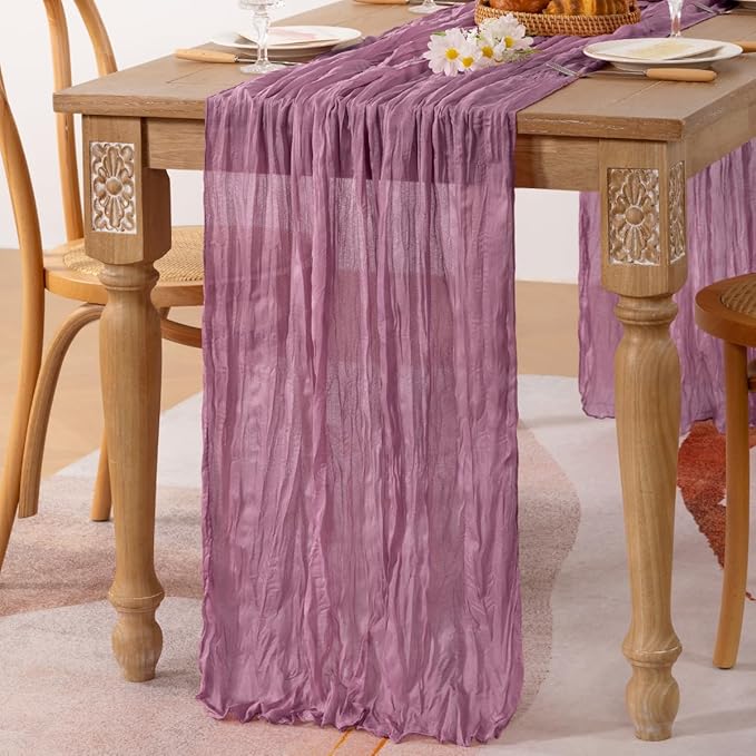 MLMC Purple Table Runner 10ft Rustic Gauze Cheesecloth Table Runner 35x120 Inches Sheer Cheese Cloth Centerpiece for Quinceanera Bridal Baby Shower Boho Wedding Home Decor