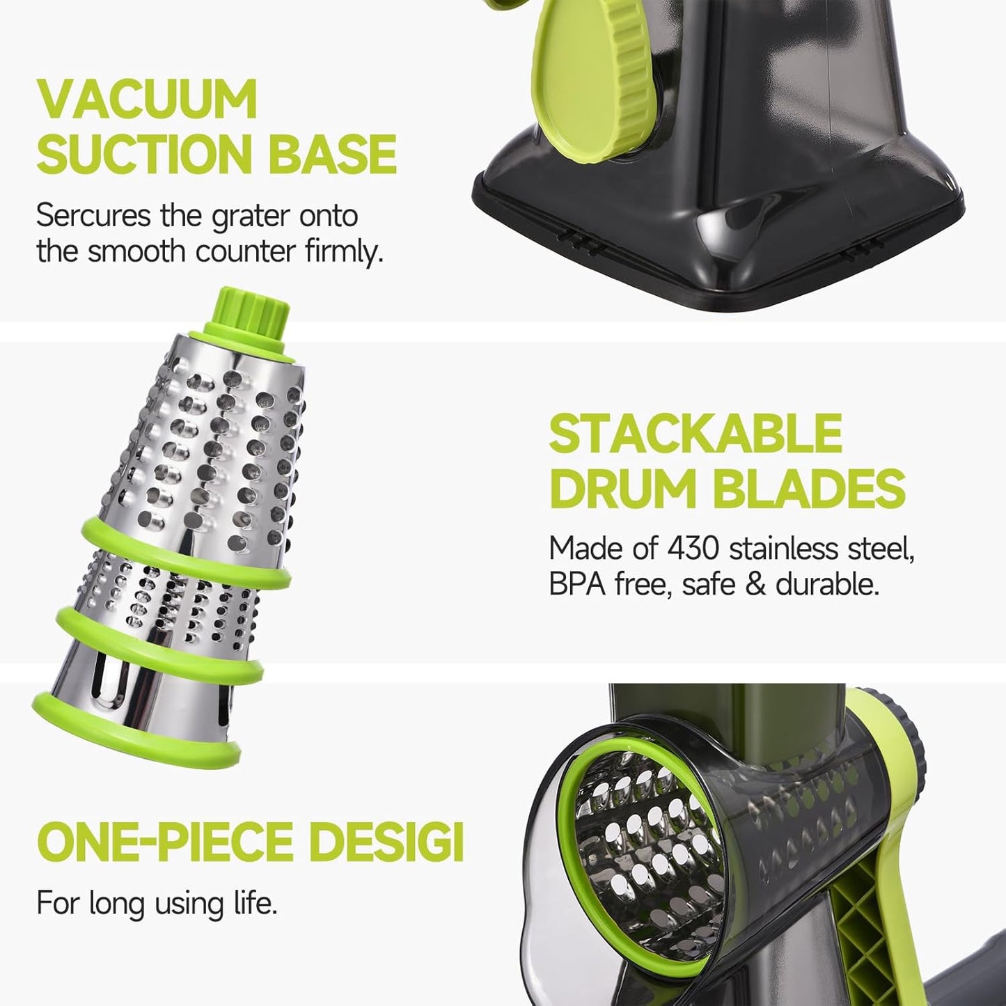 Rotary Cheese Grater Hand Crank Cheese Shredder Vegetable Mandoline Slicer for Kitchen 3 in 1 Changeable Blades for Cheese Potato Nuts Chocolate Ice (Green TSP)