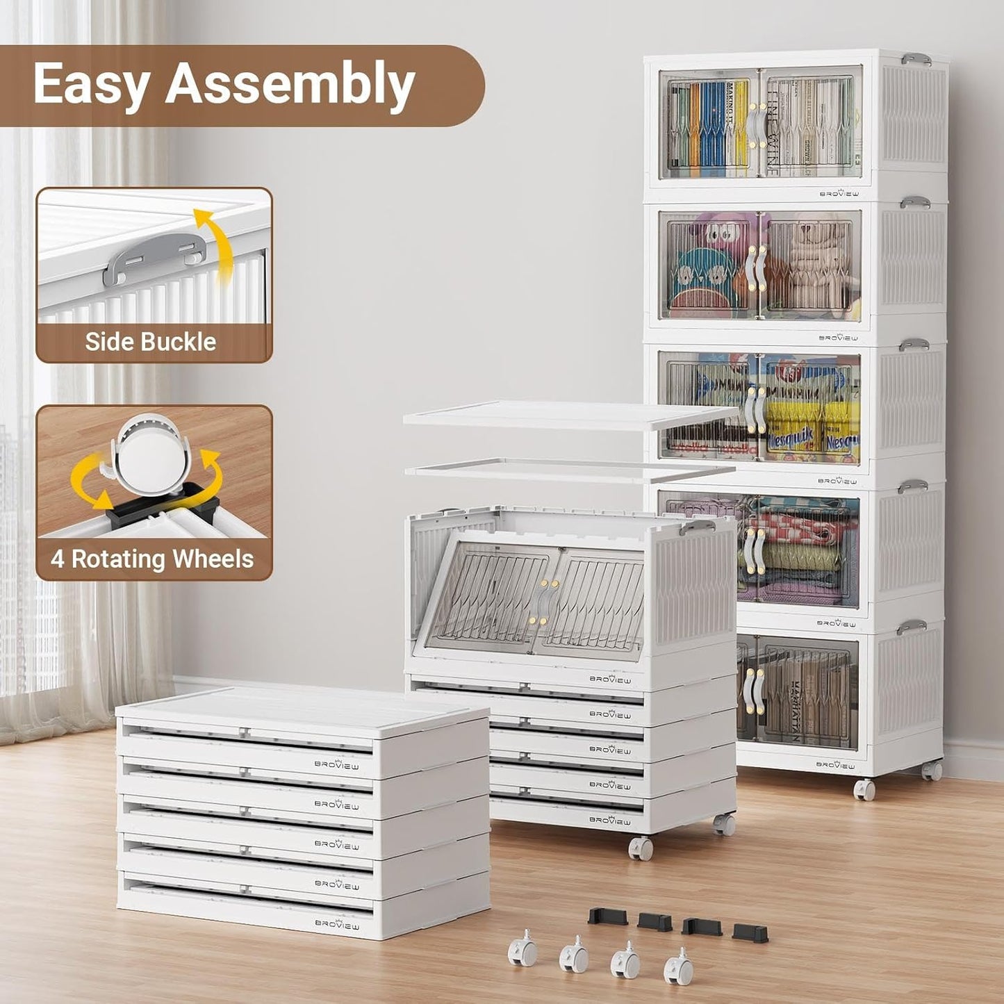 600Qt Stackable Storage Bins with Lid, Extra Large Closet Organizer Collapsible Drawer Boxes with Wheels, Folding Plastic Cabinet Containers for Home Kitchen Room Organization, 5Pack White