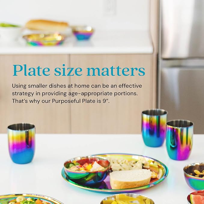 Ahimsa Stainless Steel Kids Plates, 9" Colorful Stainless Steel Plate, Pediatrician Designed & Non Toxic, Unbreakable, Dishwasher Safe, Rainbow