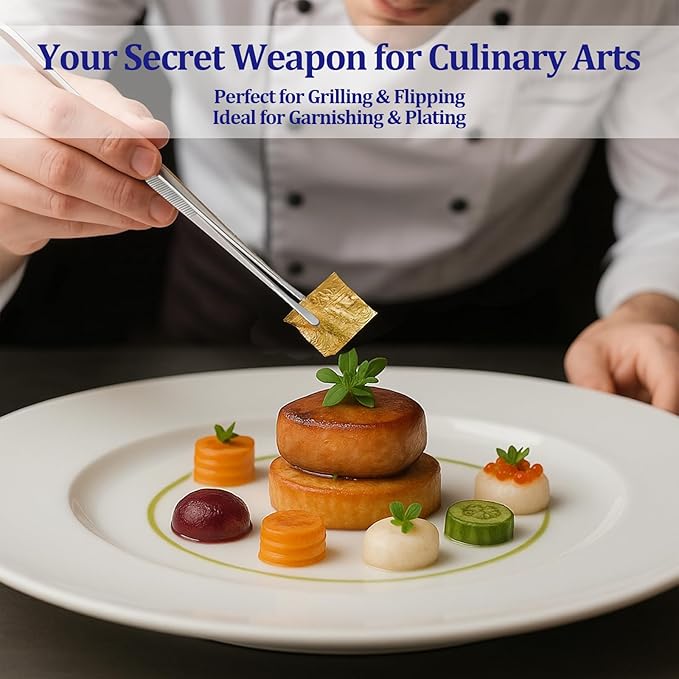 12-inch Stainless Steel Cooking Tongs & Tweezers, Non-Slip Grip & Serrated Tips for Grilling, Baking, Garnishing, BBQ, Kitchen & Craft Use (Round Tip)