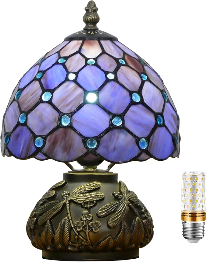 Small Tiffany Lamp Mini Stained Glass Table Lamp Purple Pearl Style Mushroom Accent Lamp 8X11 Inch