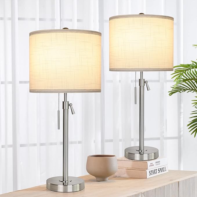 Table Lamps for Bedrooms Set of 2, 22" to 30" Height Adjustable Nightstand Lamps with Linen Shade, Pull Chain Switch Lamps for Living Room, 3 Way Dimmable Beside Lamp