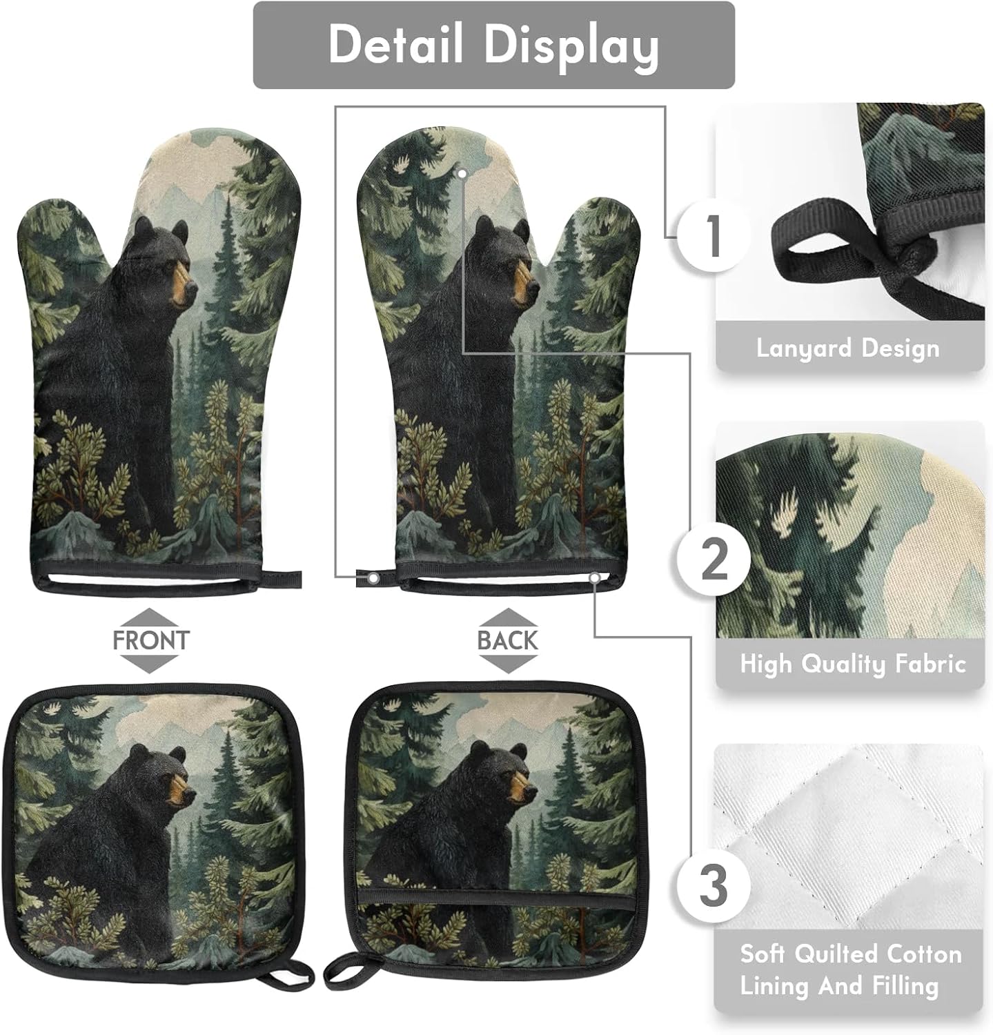 Black Bear Forest Wild Animals Oven Mitts and Pot Holders Sets, 2 Pcs Decorative Kitchen Oven Glove for Cooking
