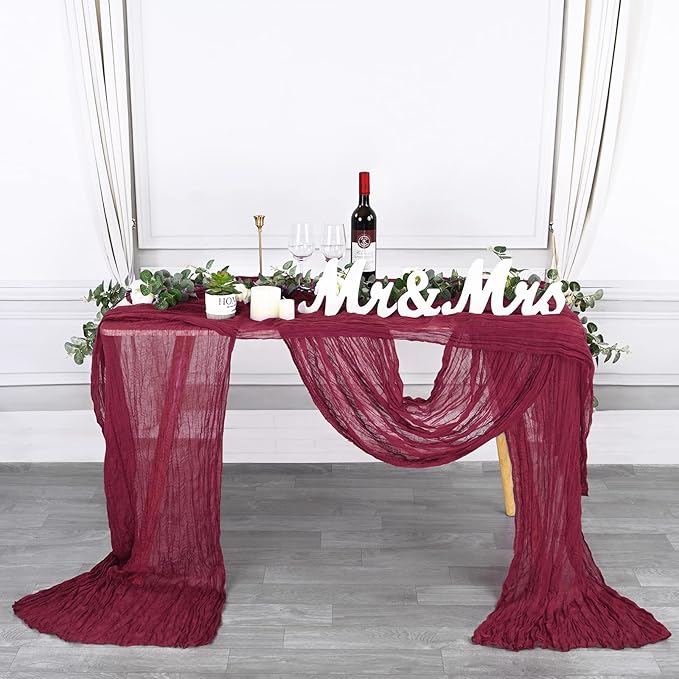12 Pack 10Ft Burgundy Cheesecloth Table Runner 35 x 120 inch Boho Gauze Cheese Cloth Table Runner Vintage Rustic Sheer Runners for Wedding Bridal Shower Birthday Party Cake Table Decorations