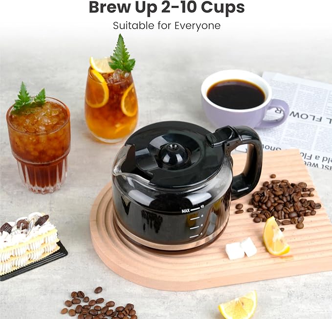 Gevi 10-Cup Drip Coffee Maker with Built-in Grinder, Programmable Brew Coffee Machine with Timer, Reusable Filter, 1.5L Water Tank, Coffee Pot, Warming Plate Burr Grinder Combo