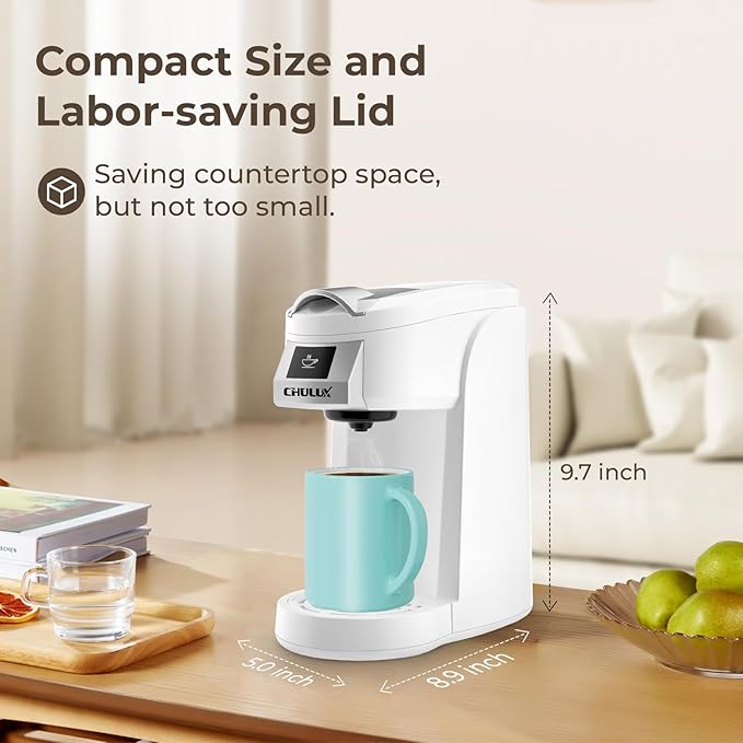 CHULUX Classic Single Serve Coffee Maker for K Cup, One Button Easy Coffee Machine for Office, RV, Travel and Dorm, White