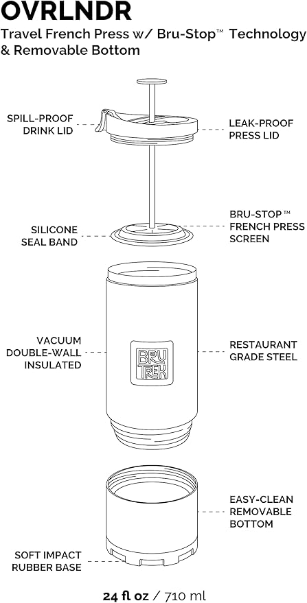 BruTrek OVRLNDR Travel Coffee French Press, 24 fl.oz Capacity, Double Wall Vacuum Insulated, Easy To Clean Removable Bottom, Locking No Spill Lid, On The Go Coffee Brewing (Storm Gray)