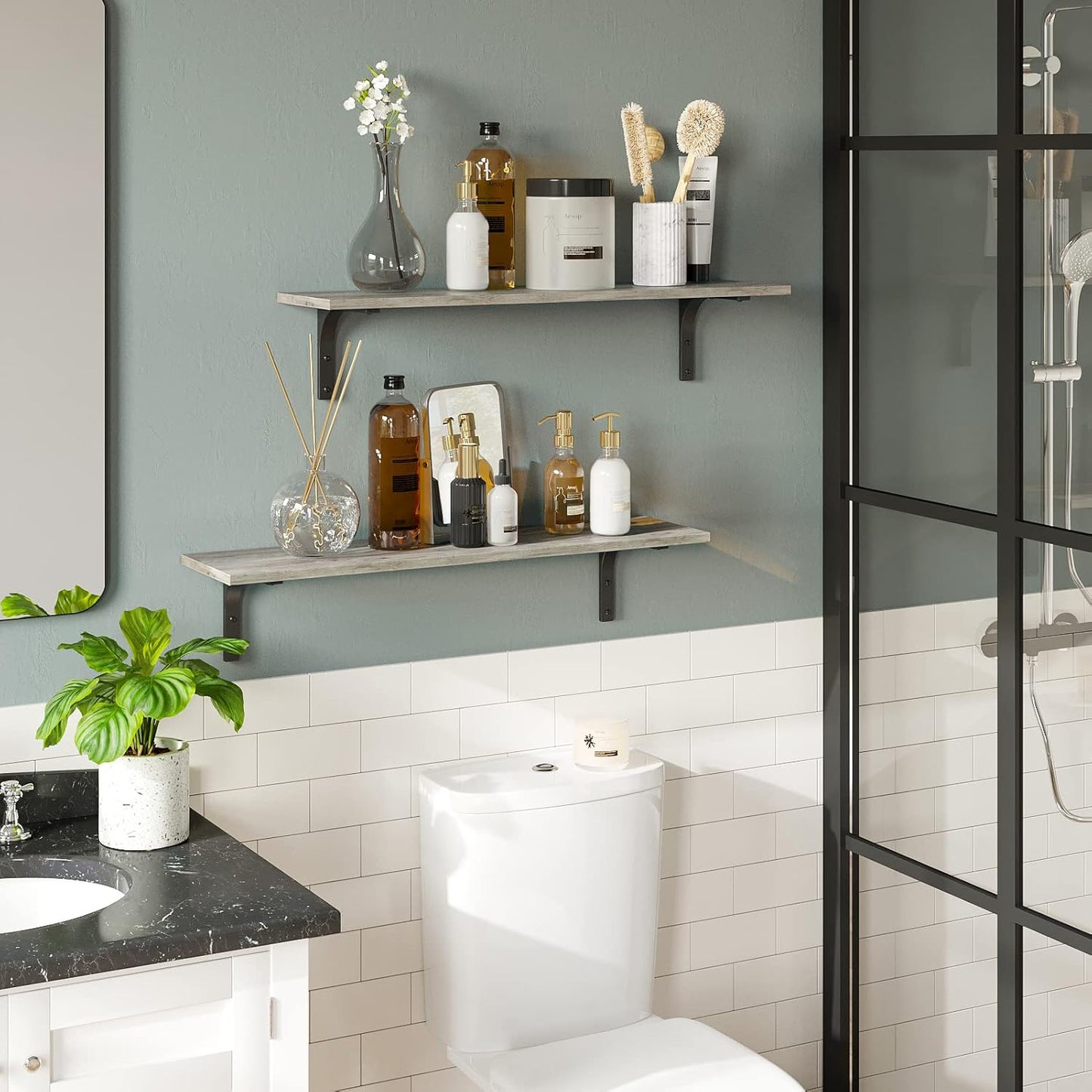 DINZI LVJ Long Wall Shelves, 31.5 Inch Wall Mounted Shelves Set of 2, Easy-to-Install, Wall Storage Ledges with Sturdy Metal Brackets for Living Room, Bathroom, Bedroom, Kitchen, Gray Wash