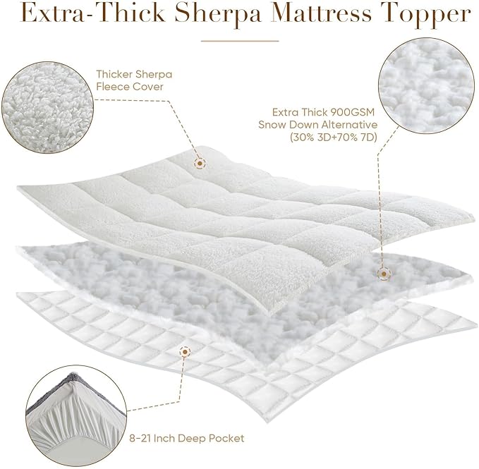 Cymula Mattress Topper Queen Size for Back Pain Extra Thick Sherpa Mattress Pad Bed Soft Pillow Top Mattress Cover with 900GSM Fluffy Down Alternative, 8-21" Deep Pocket, White