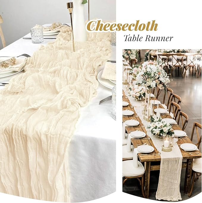 Aktor 12 Pack Ivory Cheesecloth Table Runner 10Ft Gauze Table Runner Boho Semi Sheer Cheese Cloth Fabric Runners for Wedding Birthday Baby Shower Party Table Decoration(Ivory)
