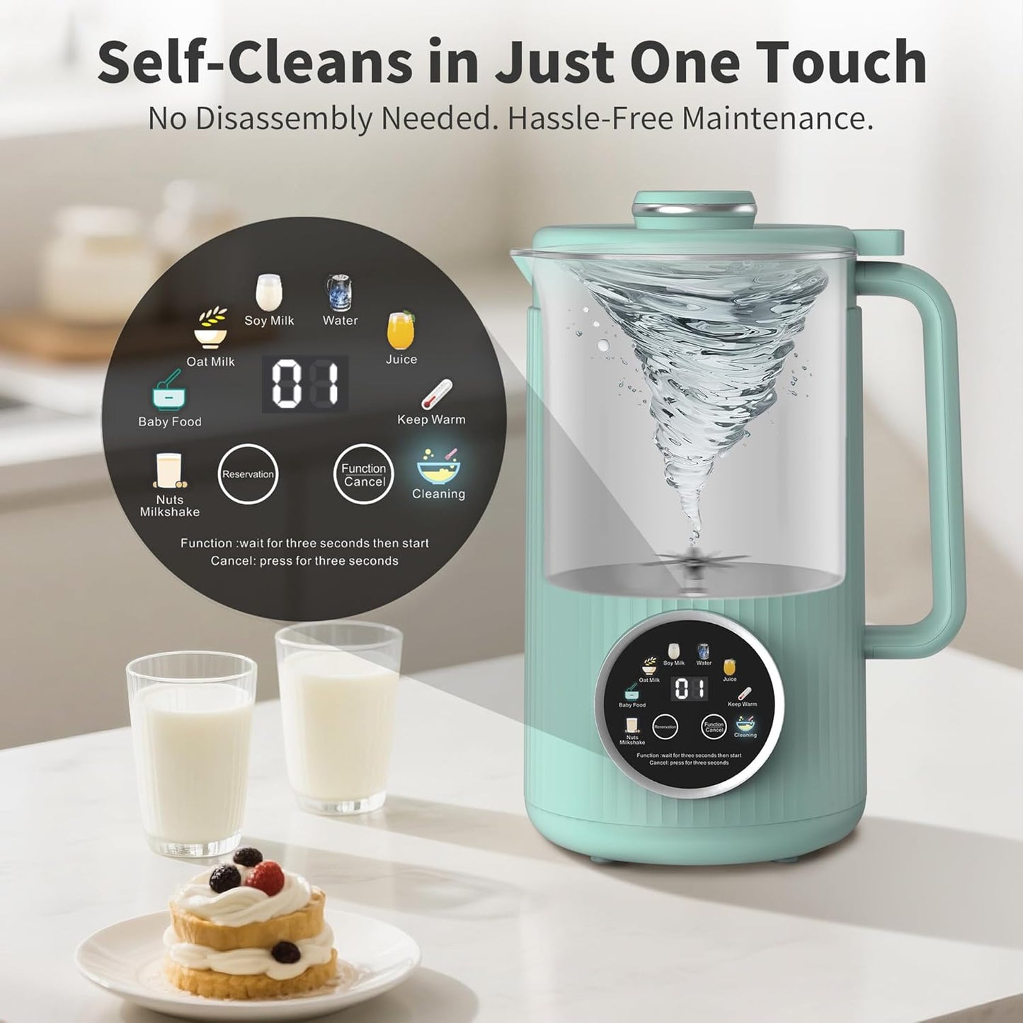 35oz Soy Milk Maker Machine: 8-in-1 Nut Milk Maker for Oat Milk, Vegan Drinks, Baby Food Blender - Plant-Based Milk Machine with Stainless Steel, LED Touch, Auto Shutoff (Green)