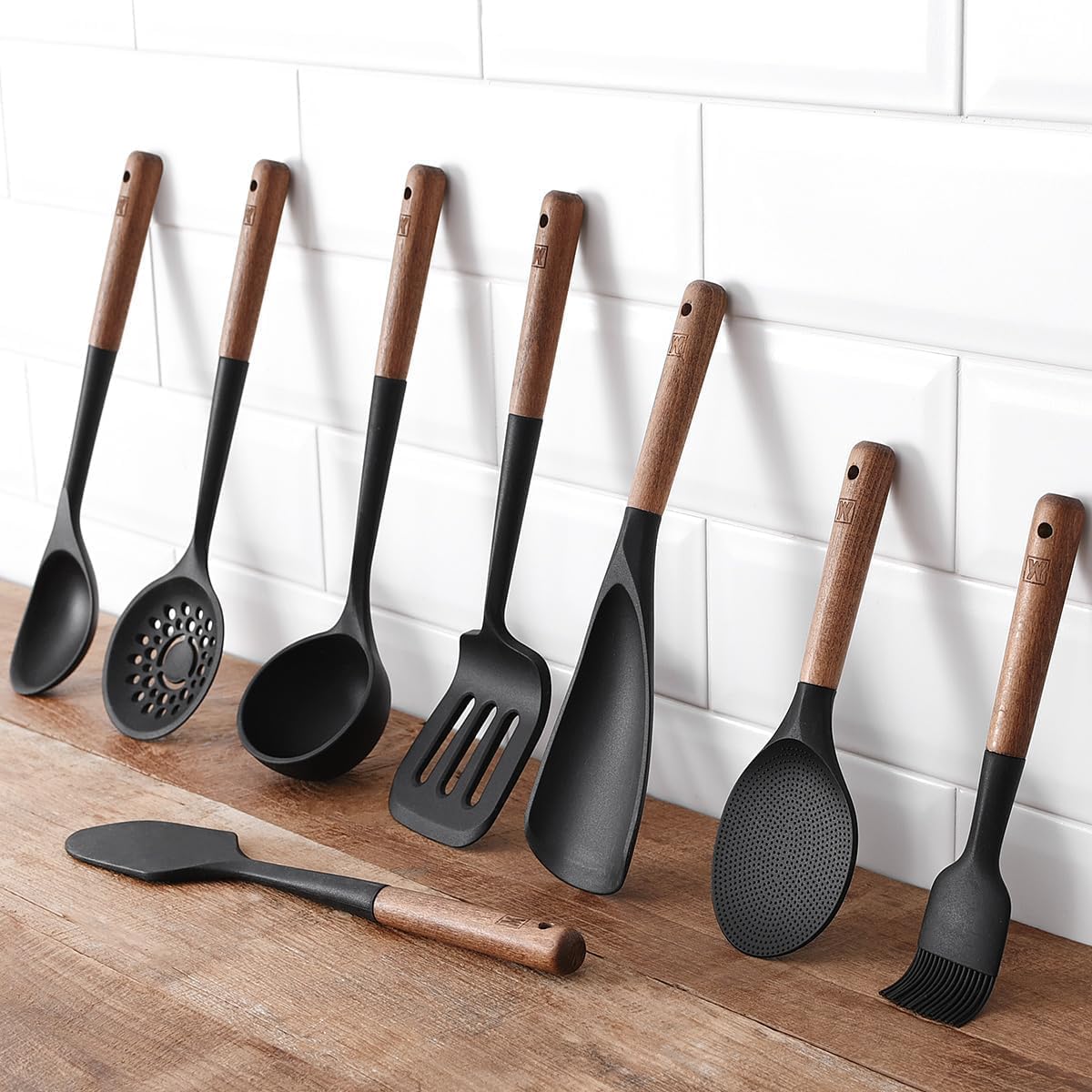 Silicon Cooking Skimmer Ladle with Wooden Handle: Slotted Cooking Spoon for Deep Frying Food, Food Separator, Heat Resistant, BPA Free, Gentle Head Design for Non-Stick Cookware