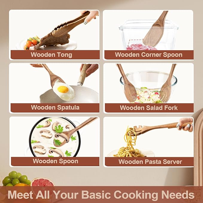 Wooden Cooking Utensils, 6 Pieces Natural Acacia Wooden Spoons For Cooking with Unique Notch & Heat Resistant Design, Non-Stick Wood Kitchen Utensil Set with Hanging Hole for Kitchen Essentials