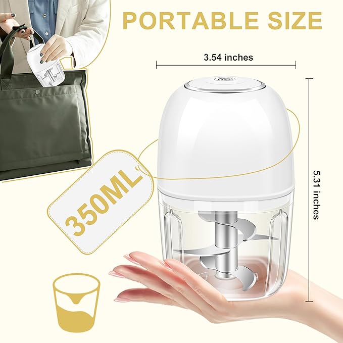 350ML Electric Garlic Chopper, Portable Mini Food Processor, USB Garlic Mincer Masher with 6 Stainless Steel Blade, Rechargeable Vegetable Chopper for Ginger, Chili, Meat, Spices