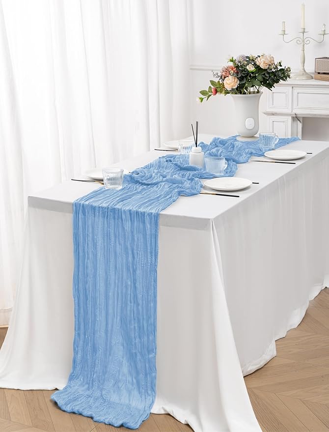 12 Pack Light Blue Table Runner 10FT Cheesecloth Table Runner 21 x 120 inch Boho Gauze Cheese Cloth Table Runner Rustic Sheer Table Runner for Party Wedding Bridal Baby Shower Birthday Table Decor