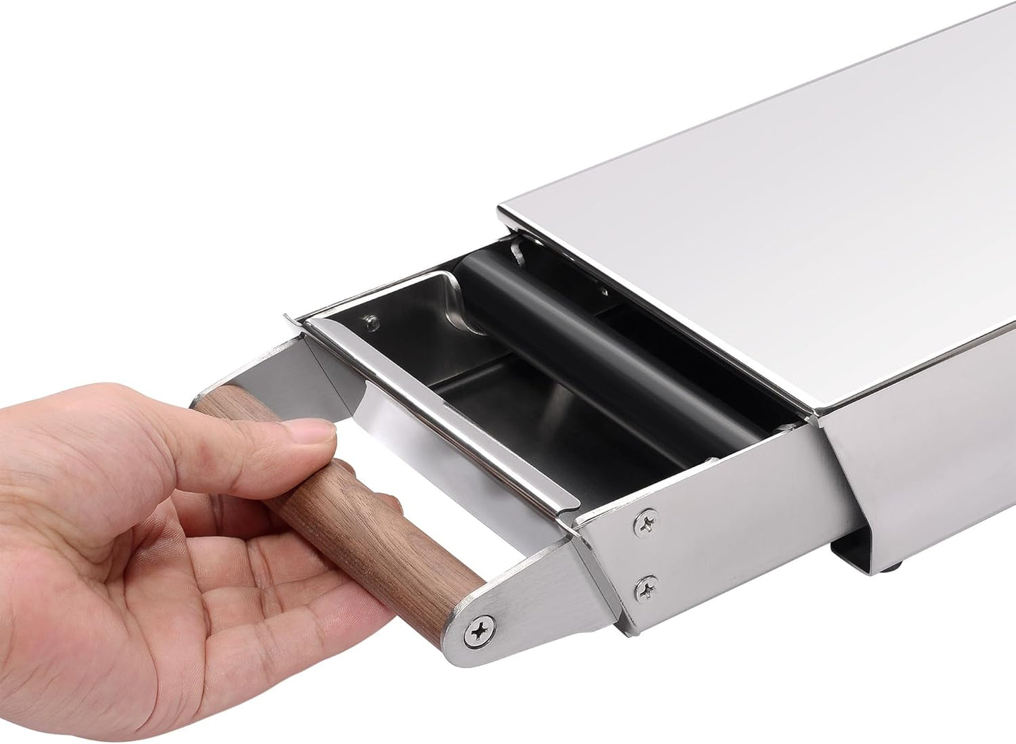 Normcore Espresso Knocker Drawer, Coffee Knock Box with Shock Absorbing Removable Knock Bar and Non-Slip Base, Mirror Finish, 304 Stainless Steel With Walnut Wood Hand, Size: S