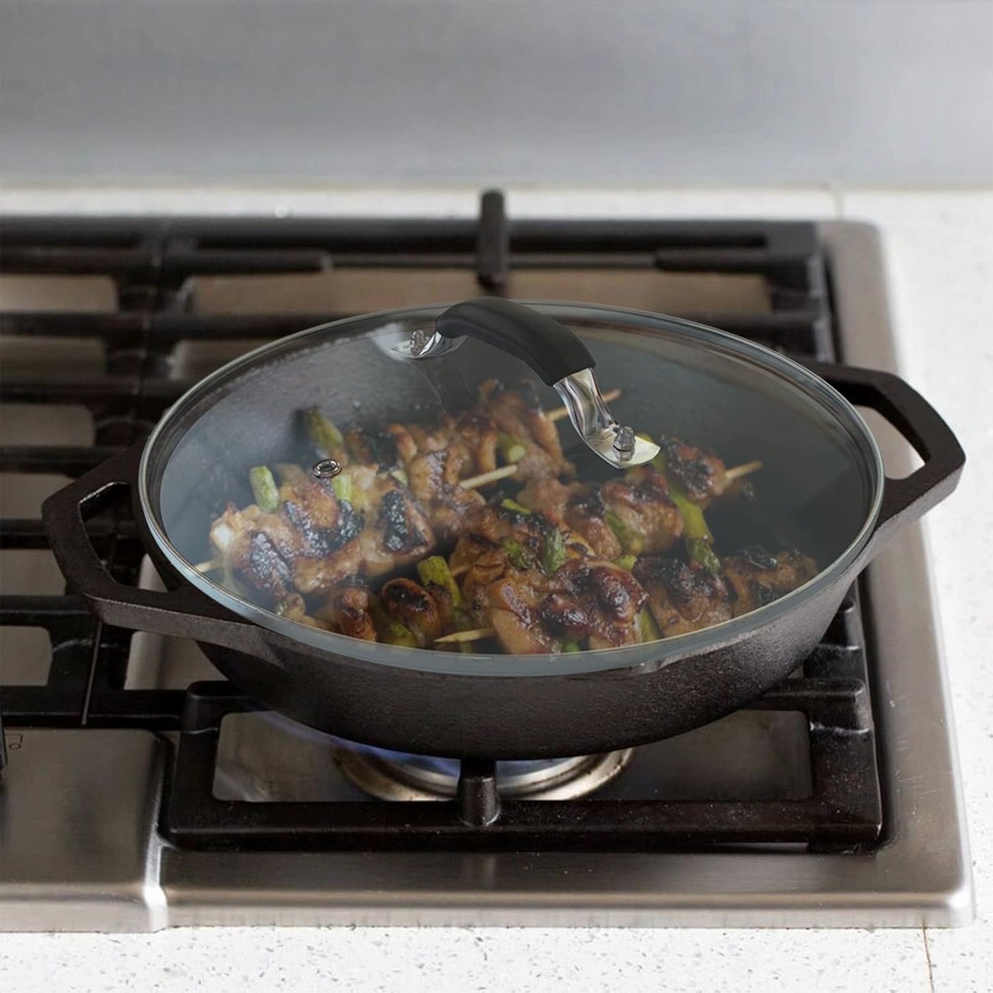 12 Inch Tempered Glass Pot Lid Compatible with 12” Lodge Cast Iron Skillets and 7 Quart Dutch Ovens - Designed with Steam Vent Hole and Heat Resistant Handle