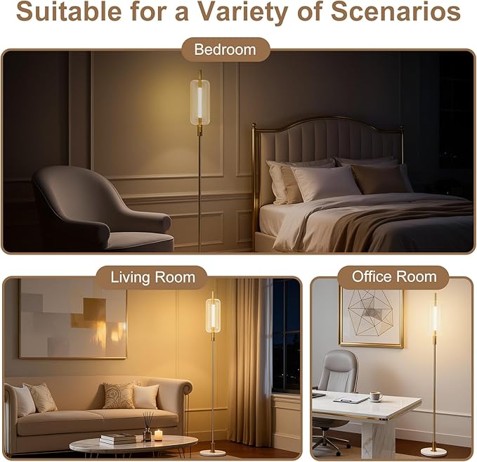 Dimmable Glass Floor Lamps for Living Room, Modern Standing Floor Lamp with Glass Lampshade, Marble Base, 64" Tall Lamp with Touch Switch for Bedroom Office Living Room