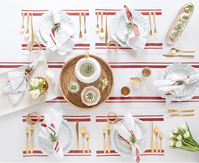 Solino Home Linen Table Runner 90 Inches Long - French Stripe, 100% Pure Linen Red and White Farmhouse Table Runner 16 x 90 Inch Ideal for Dining, Christmas, New Year